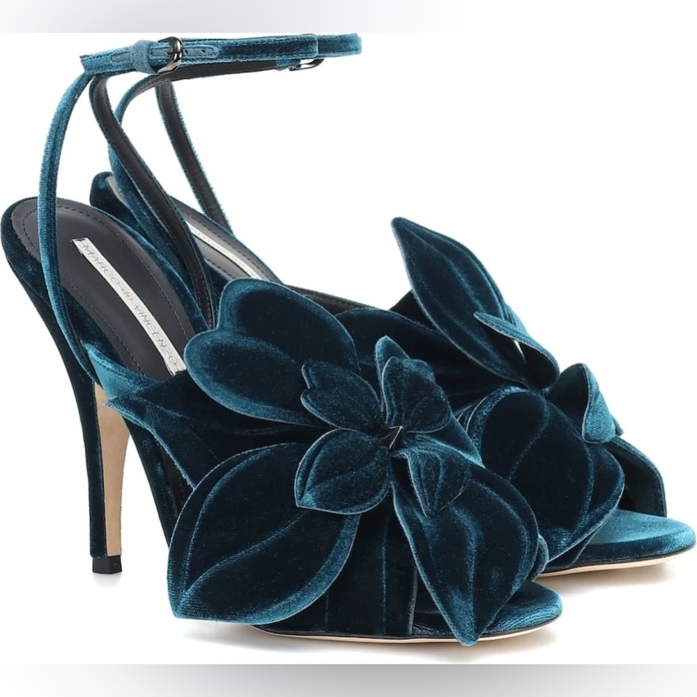 MARCO DE VINCENZO Deep Jade/ Turquoise Flower Embellished Velvet Sandals 40 EU